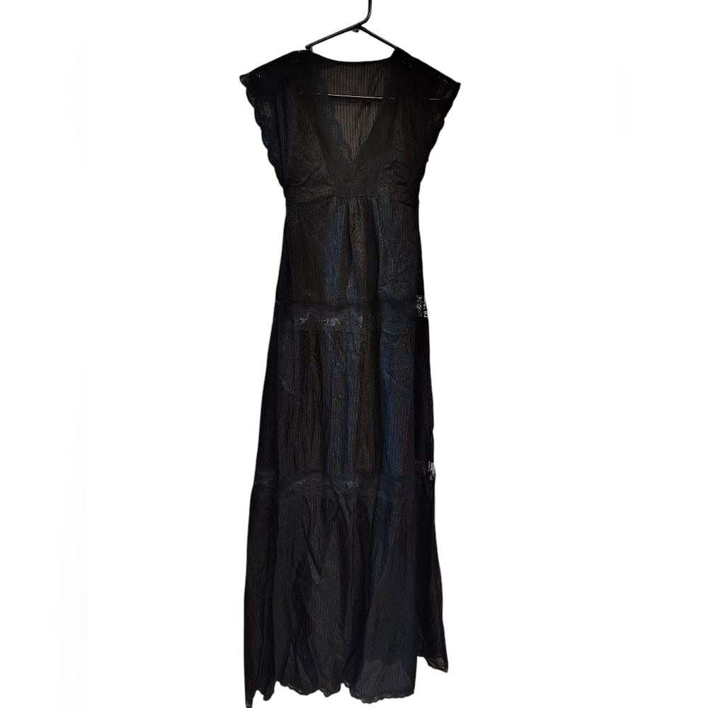 Vtg 70s 80s sheer lace black ILGWU maxi slip dress